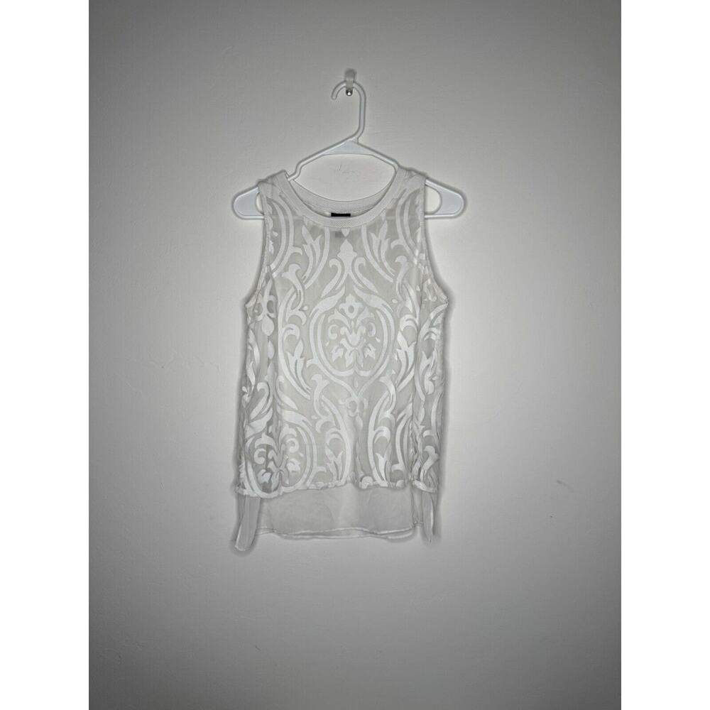 Worthington Womens Top Plus Size Med White Sleeveless Shear Blouse With Design